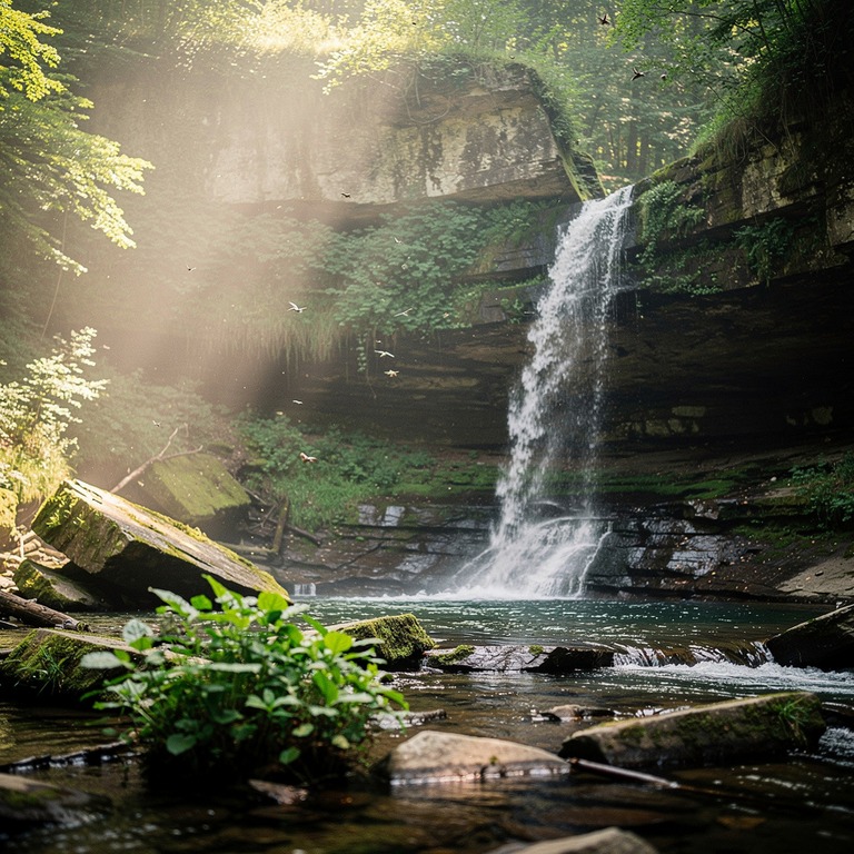 A serene waterfall cascades down a rocky cliff, with misty s... | ShopAyahuascaRetreats