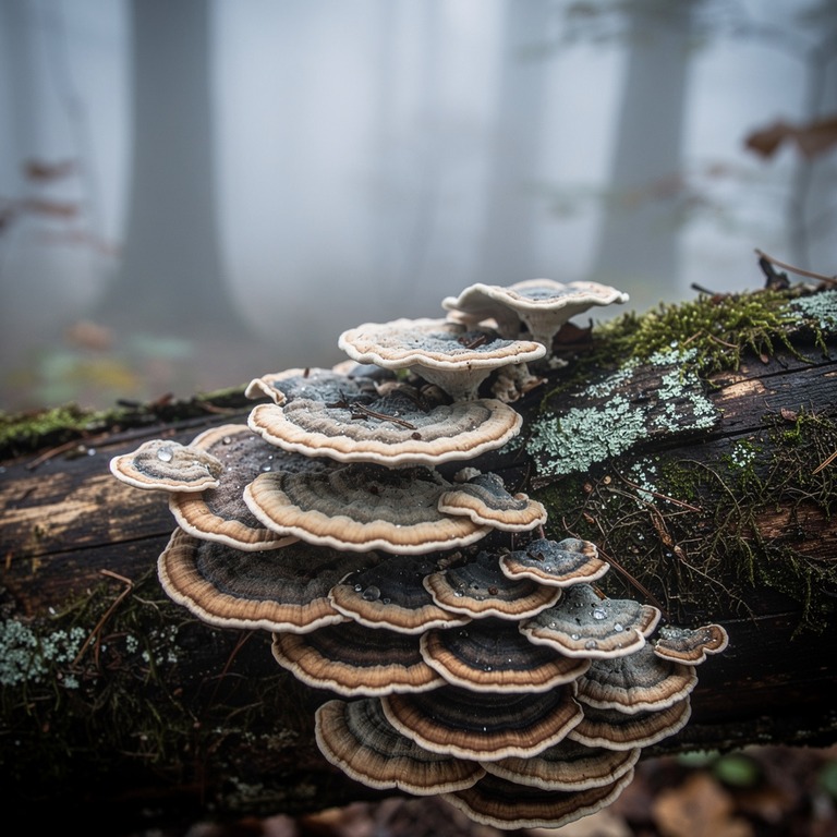 A shallow focus on a cluster of turkey tail mushrooms growin... | ShopAyahuascaRetreats