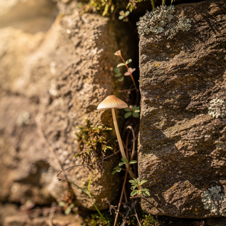 A small, delicate psilocybe mushroom grows out of a crack in... | ShopAyahuascaRetreats