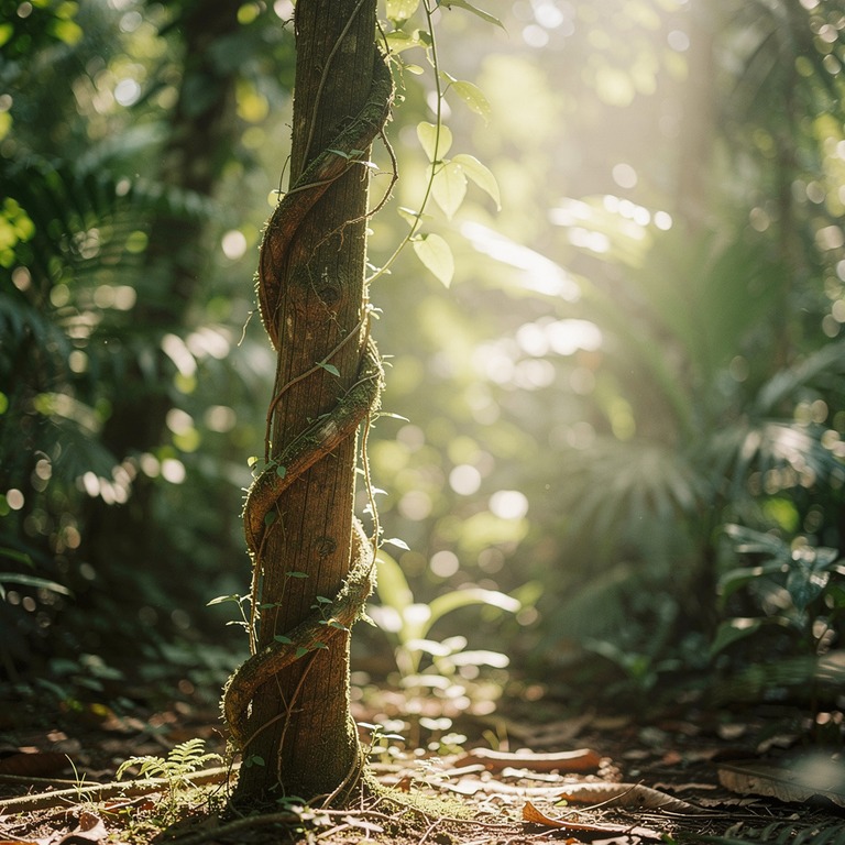A solitary ayahuasca vine twines around a wooden post in dap... | ShopAyahuascaRetreats