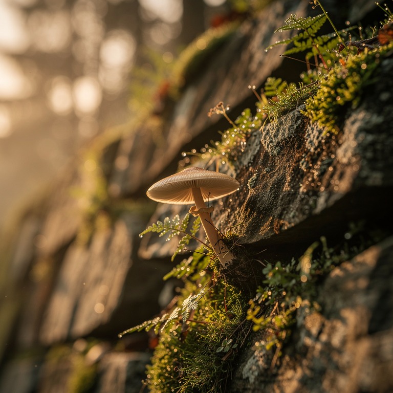 A solitary mushroom grows out of a mossy stone wall at dawn,... | ShopAyahuascaRetreats
