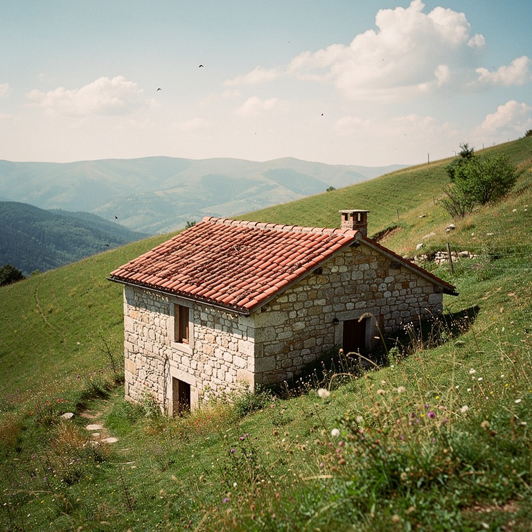 A terracotta-roofed stone cottage stands alone on a rolling ... | ShopAyahuascaRetreats
