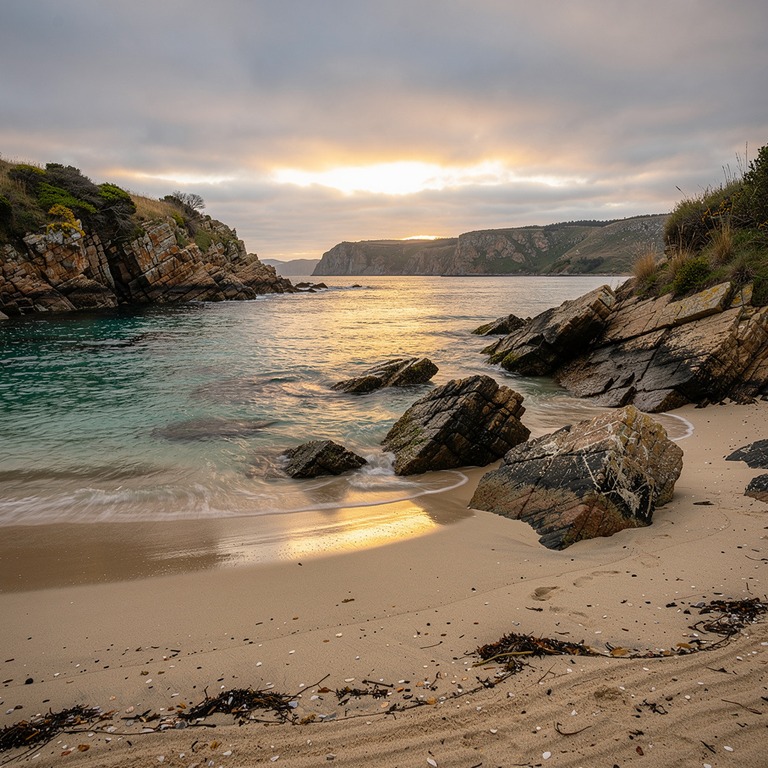 A tranquil cove with a sandy shore, calm turquoise water, an... | ShopAyahuascaRetreats