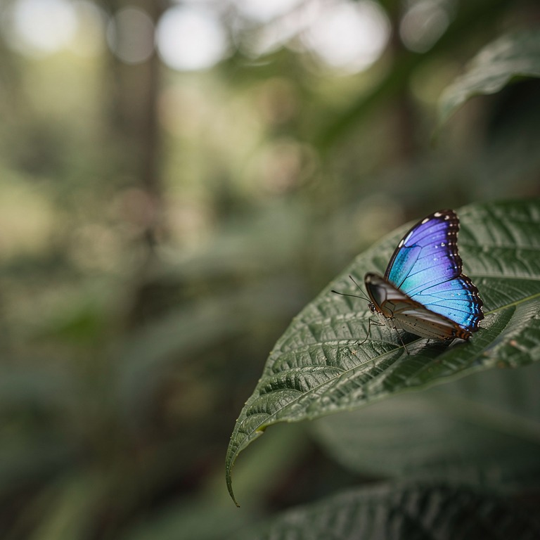 Blue morpho butterfly on a broad green leaf, shallow focus | ShopAyahuascaRetreats