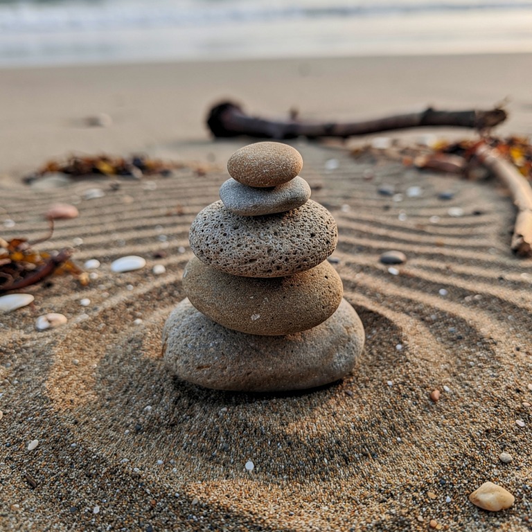 Cairn of smooth river stones on a quiet beach | ShopAyahuascaRetreats