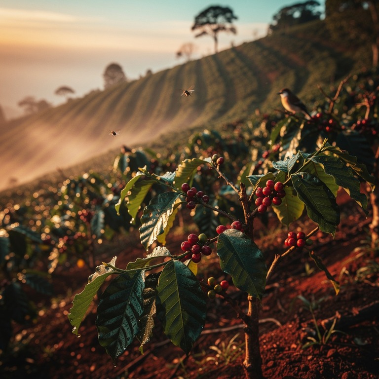 Coffee plantation hillside at dawn, mist between rows of pla... | ShopAyahuascaRetreats