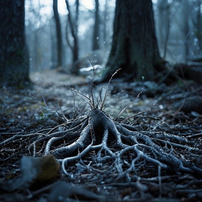 Delicate, dew-covered roots of an iboga plant sprawl across ... | ShopAyahuascaRetreats