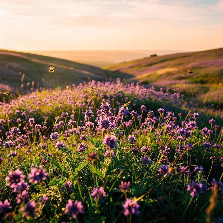 In the soft, golden light of dawn, a sea of wild, purple flo... | ShopAyahuascaRetreats