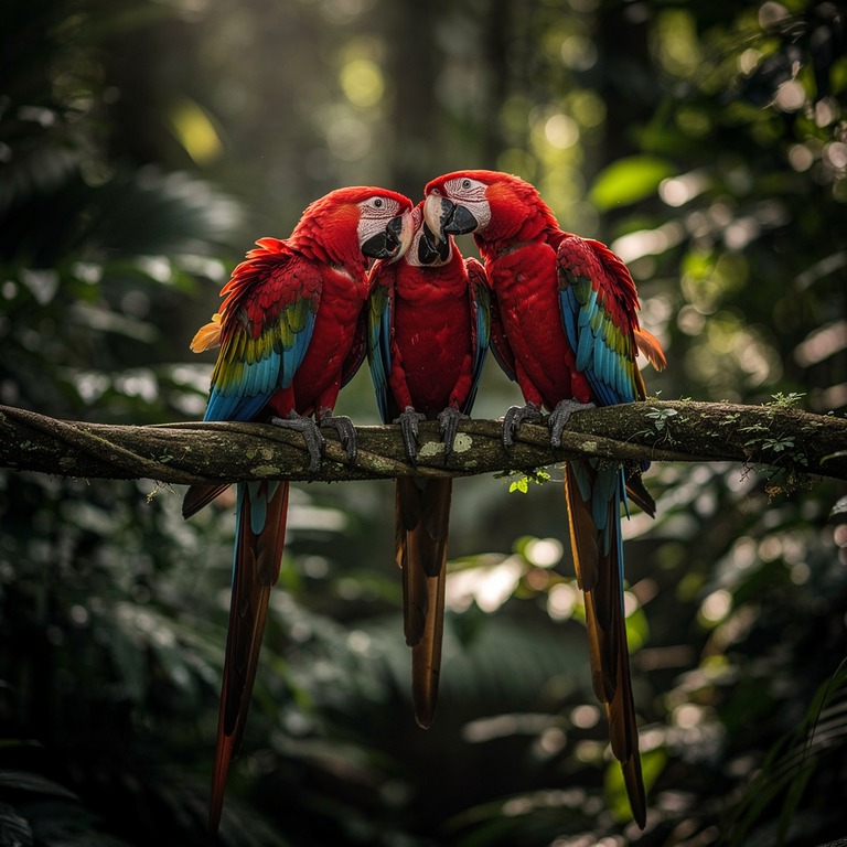Macaws preening on a jungle vine, wings showing red and blue | ShopAyahuascaRetreats