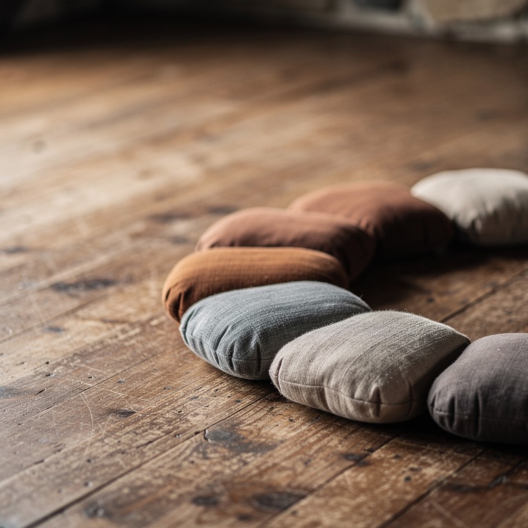 Meditation cushions arranged in a circle on a wooden floor | ShopAyahuascaRetreats