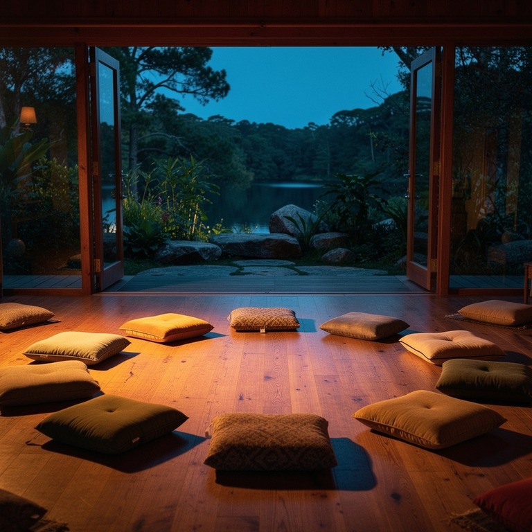 Meditation cushions arranged in a circle on a wooden floor | ShopAyahuascaRetreats