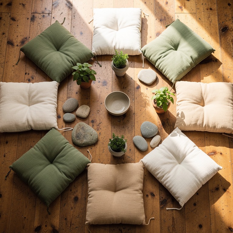 Meditation cushions arranged in a circle on a wooden floor | ShopAyahuascaRetreats