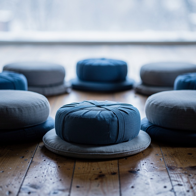 Meditation cushions arranged in a circle on a wooden floor | ShopAyahuascaRetreats