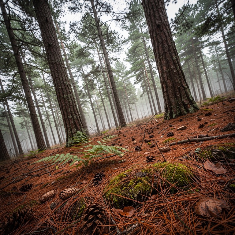 Pine forest with red-brown needle floor, soft afternoon ligh... | ShopAyahuascaRetreats