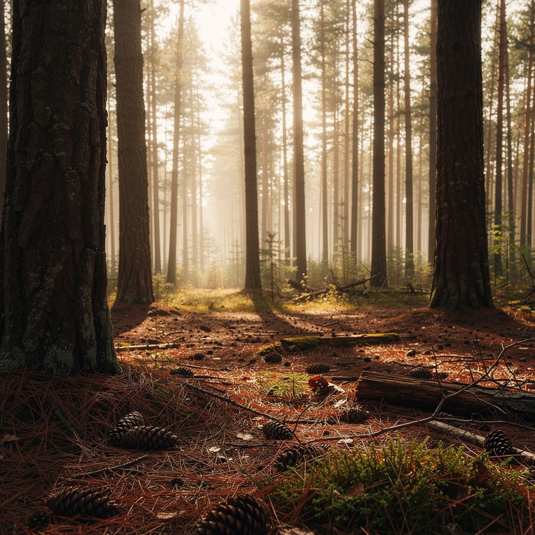 Pine forest with red-brown needle floor, soft afternoon ligh... | ShopAyahuascaRetreats