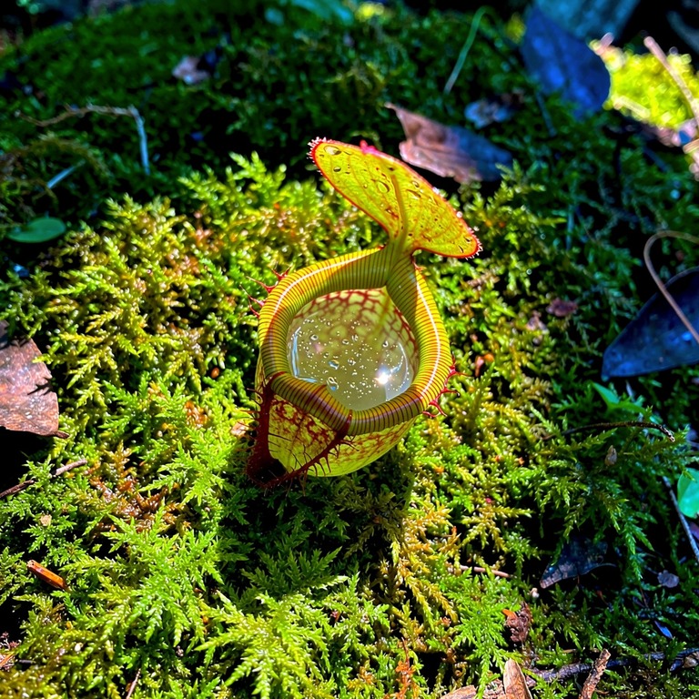 Pitcher plant nestled in moss, water collected inside the cu... | ShopAyahuascaRetreats