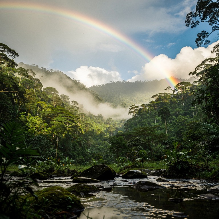 Rainbow arching over a misty rainforest valley after a storm | ShopAyahuascaRetreats