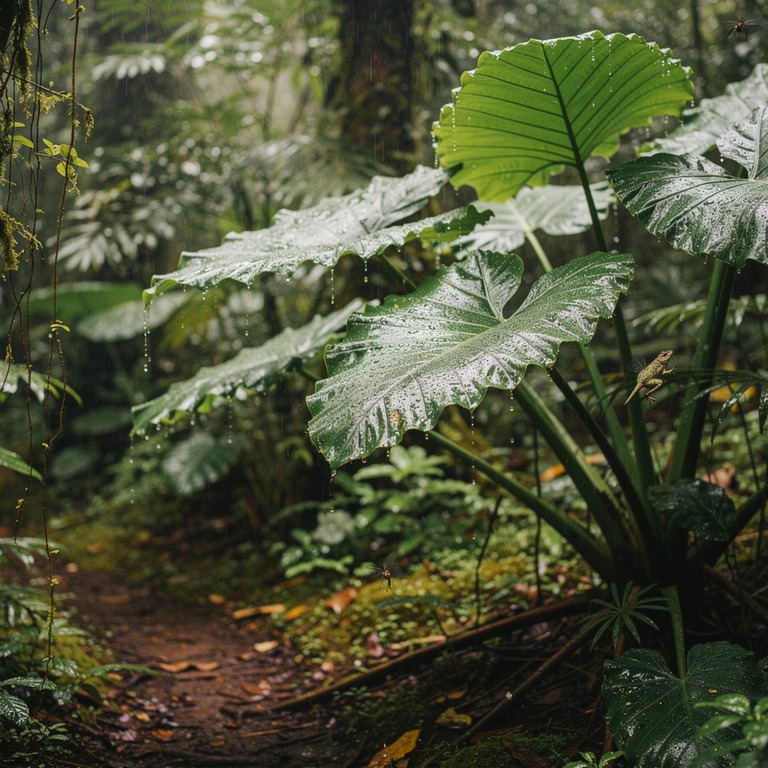 Rainforest understory with massive elephant-ear leaves dripp... | ShopAyahuascaRetreats