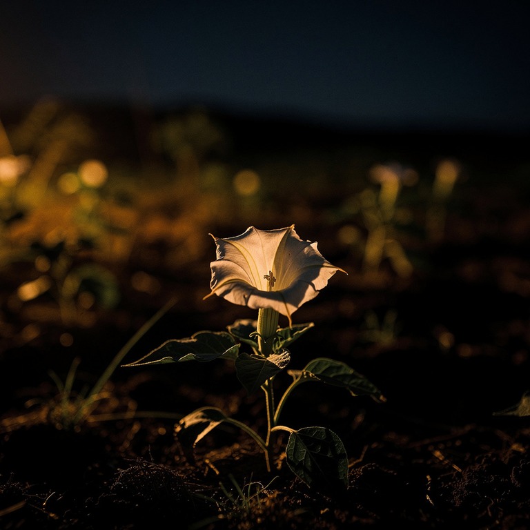Single white datura flower at night, deep black around it | ShopAyahuascaRetreats