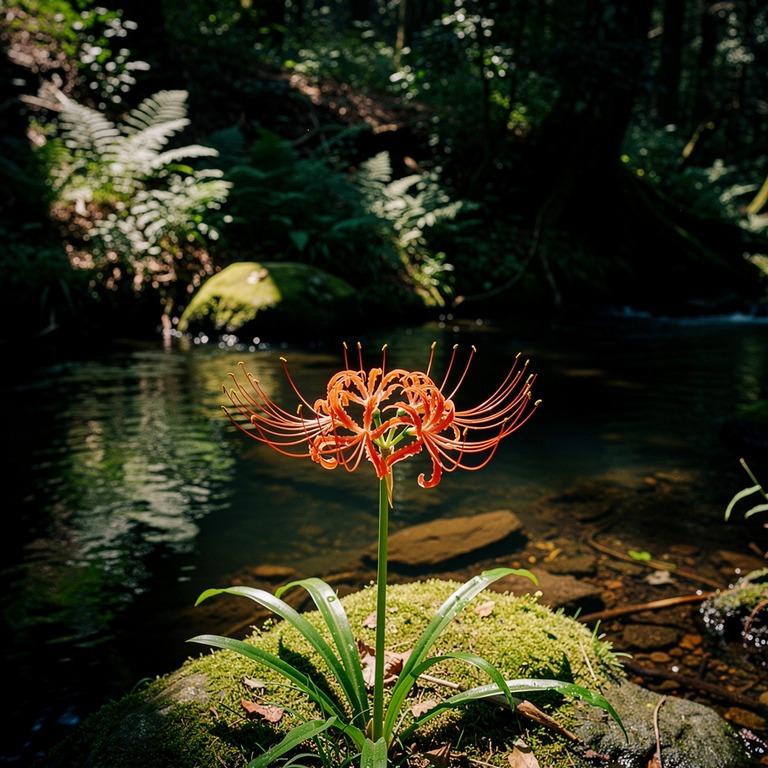 Spider lily blooming at the edge of a forest stream | ShopAyahuascaRetreats