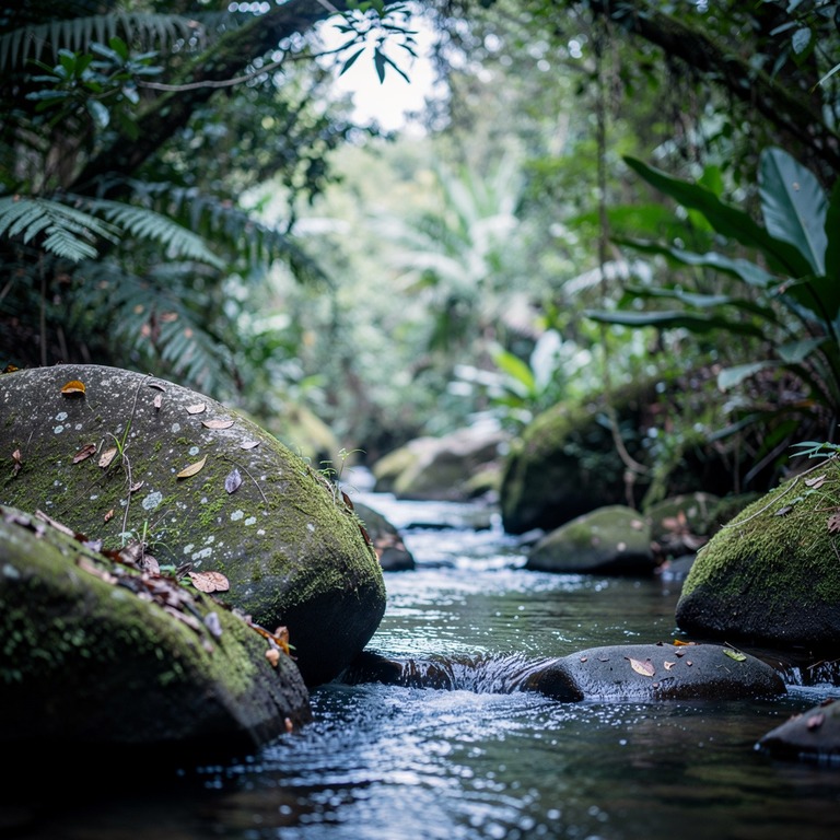 Tropical creek winding between moss-covered boulders, jungle... | ShopAyahuascaRetreats