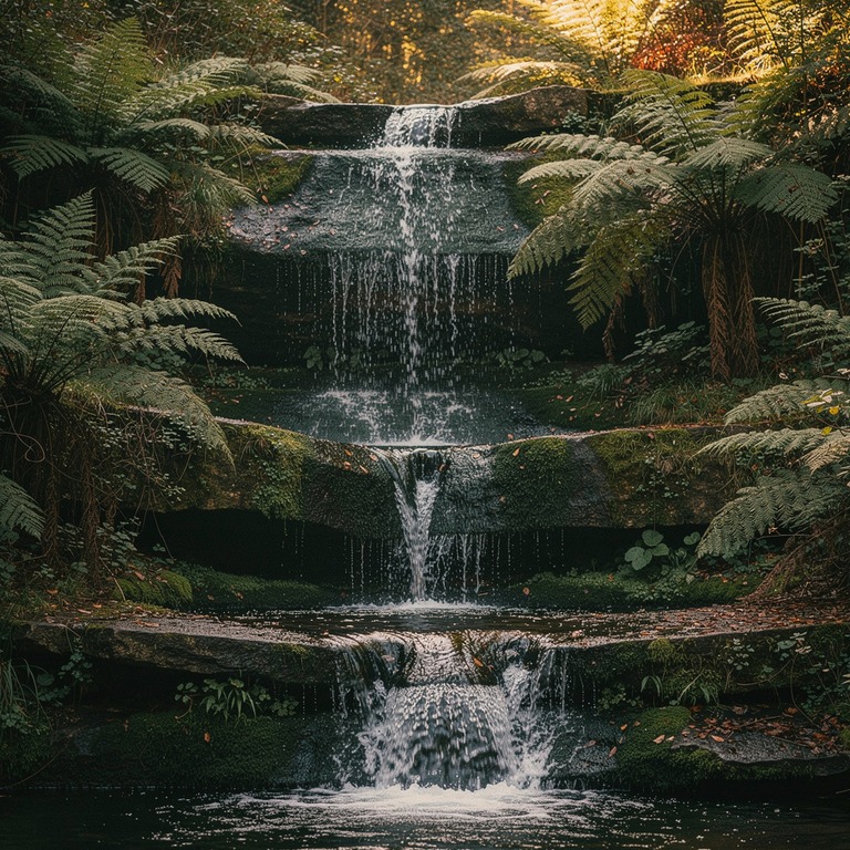 Waterfall cascading through ferns and moss-covered stones | ShopAyahuascaRetreats