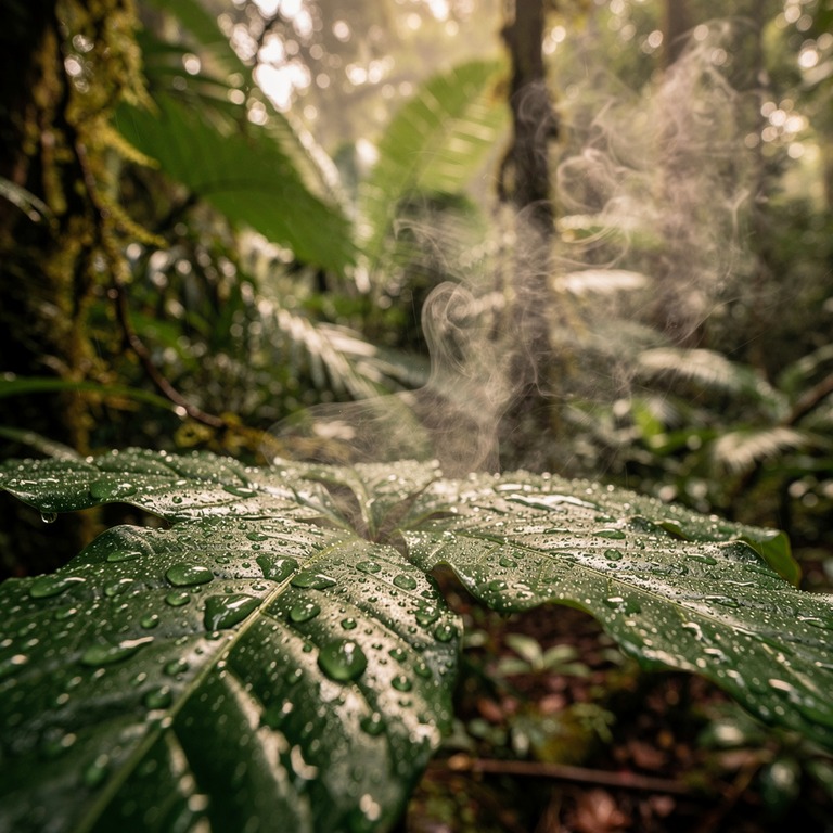 Wisps of steam rising from wet rainforest leaves after a dow... | ShopAyahuascaRetreats