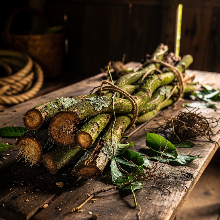 A bundle of freshly harvested Banisteriopsis caapi vines lyi... | ShopAyahuascaRetreats
