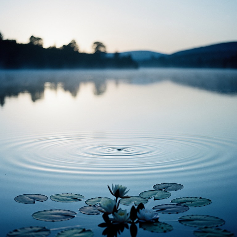 A calm, reflective lake at dawn, with a few water lilies and... | ShopAyahuascaRetreats