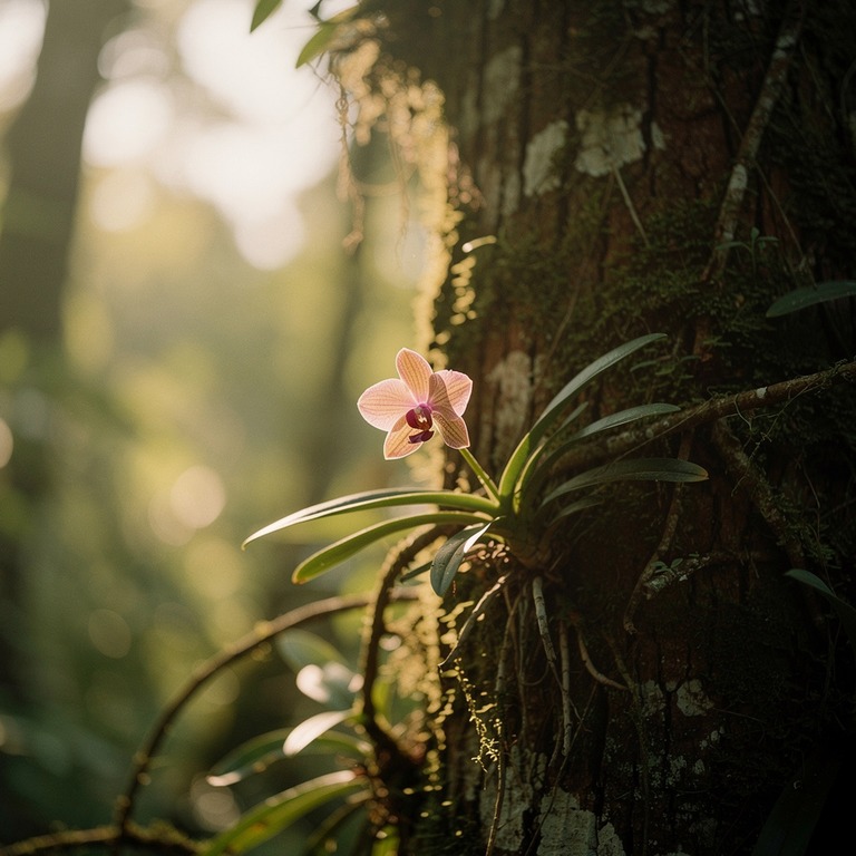 A delicate, solitary orchid blooming on the bark of a tree, ... | ShopAyahuascaRetreats