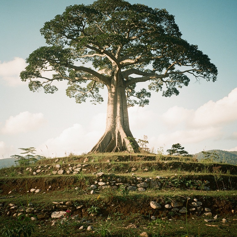 A lone, ancient ceiba tree stands tall on a terraced hillsid... | ShopAyahuascaRetreats