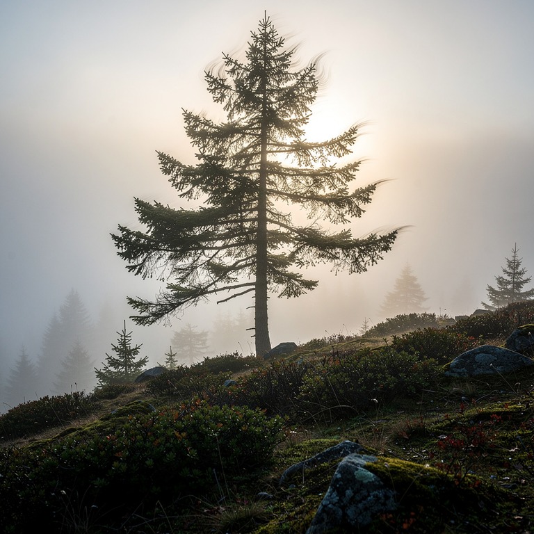 A lone fir tree stands tall on a misty Oregon ridge at dawn,... | ShopAyahuascaRetreats