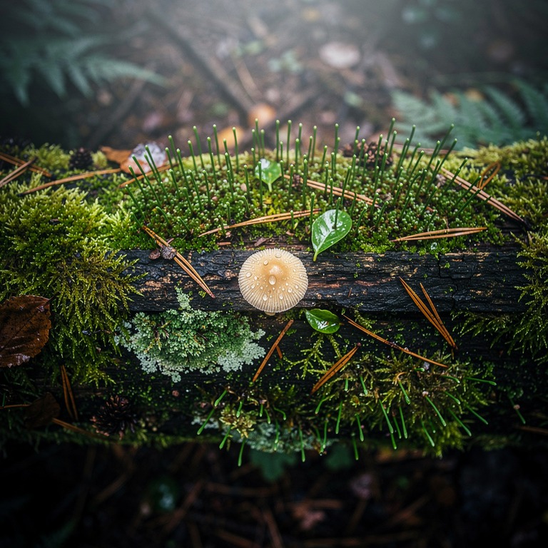 A lone, glowing mushroom grows on a mossy log in the misty f... | ShopAyahuascaRetreats