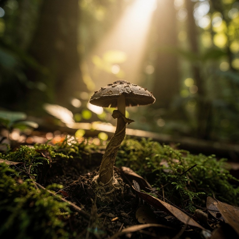 A lone, gnarled Psilocybe cubensis mushroom grows out of a m... | ShopAyahuascaRetreats