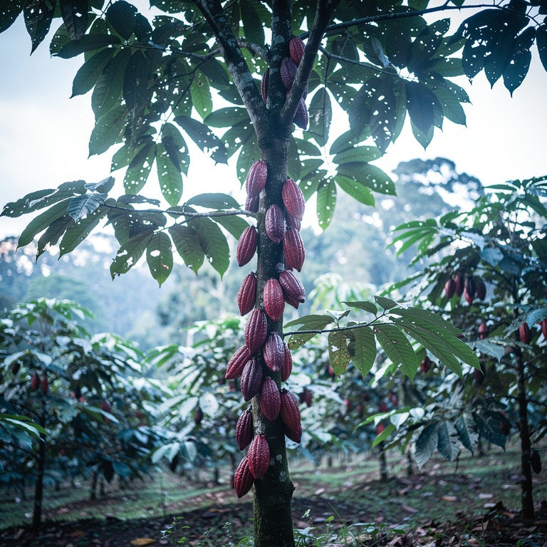 A lush, vibrant cacao tree, laden with ripe, red pods, stand... | ShopAyahuascaRetreats