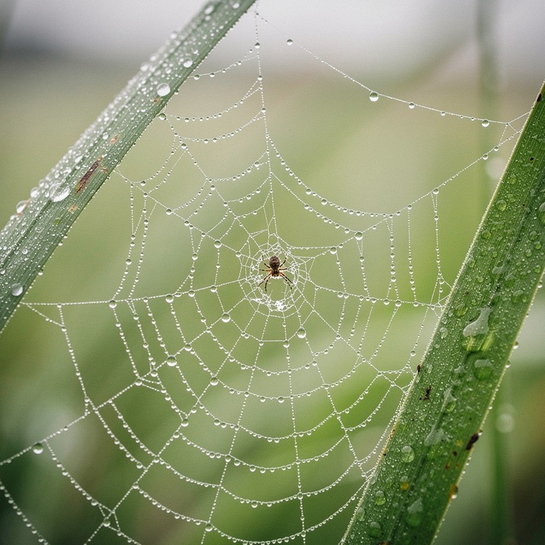 A macro photograph of a delicate, dew-kissed spider web, sus... | ShopAyahuascaRetreats
