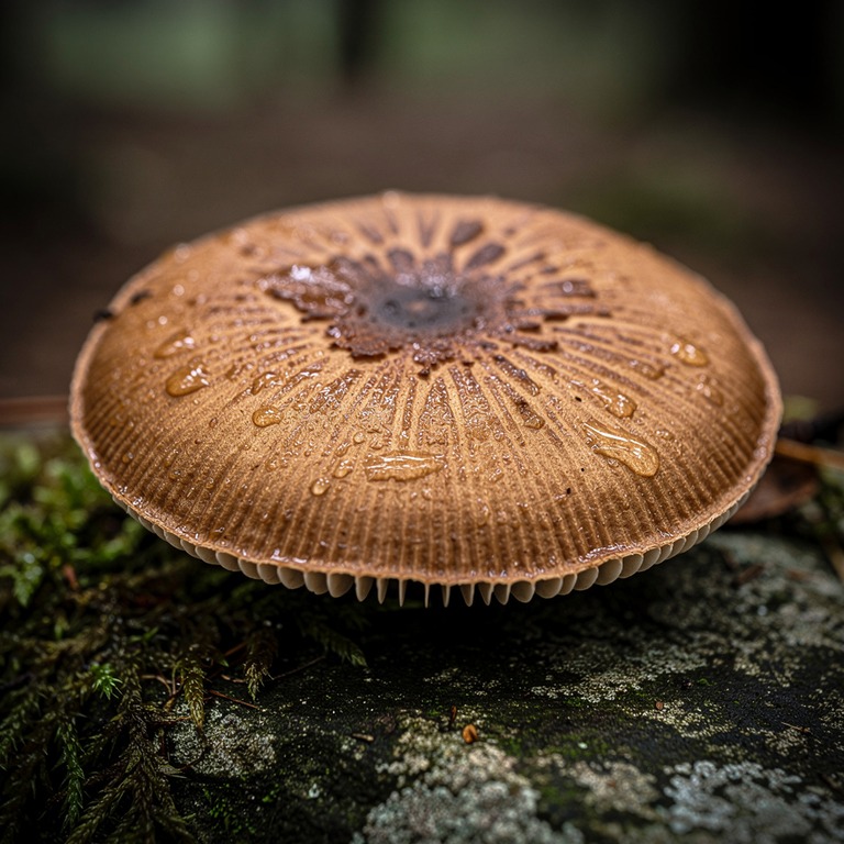 A macro shot of a psilocybin mushroom cap on a mossy stone, ... | ShopAyahuascaRetreats