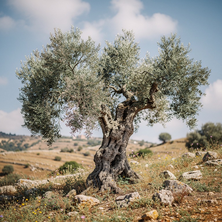 A majestic, ancient olive tree stands alone on a rolling hil... | ShopAyahuascaRetreats