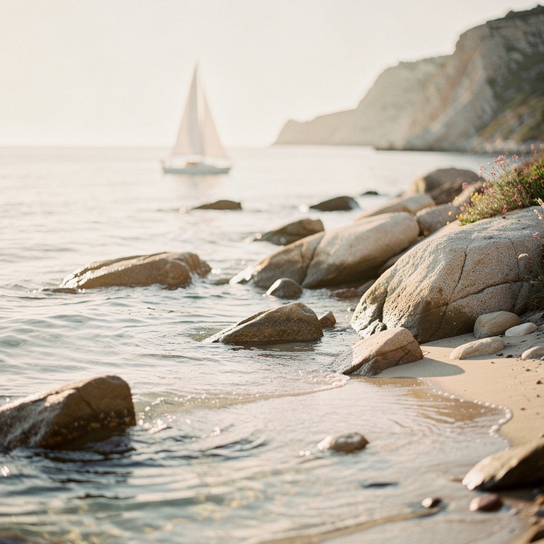 A serene cove with a sailboat in the distance, symbolizing t... | ShopAyahuascaRetreats