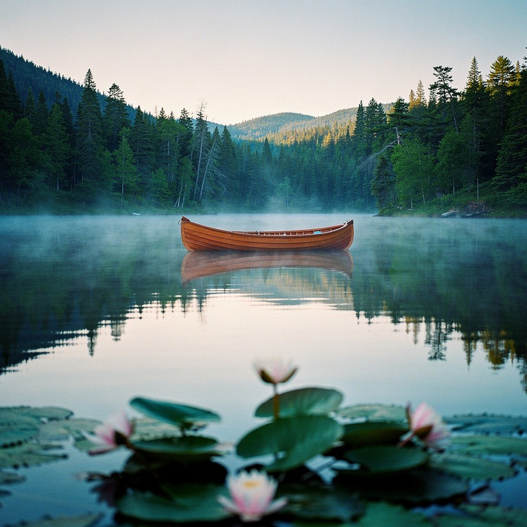 A serene lake at dawn, with a few water lilies and a wooden ... | ShopAyahuascaRetreats