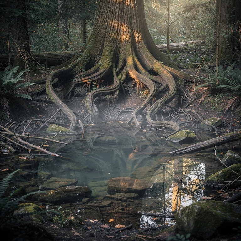 A serene, misty forest pool reflecting the twisted, gnarled ... | ShopAyahuascaRetreats