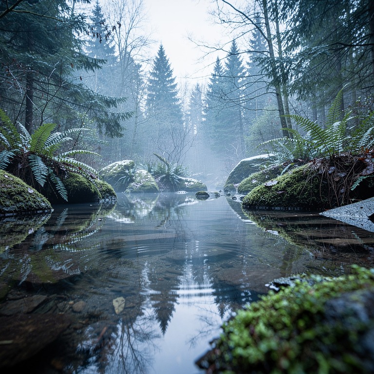A serene, misty forest pool reflecting the vibrant greens of... | ShopAyahuascaRetreats