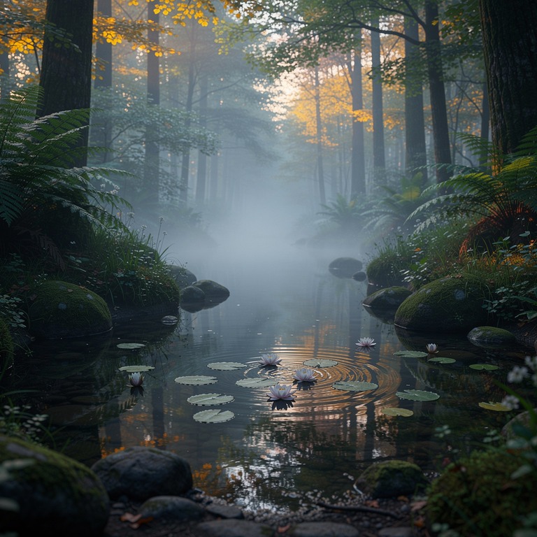 A serene, misty forest pool reflecting the vibrant greens of... | ShopAyahuascaRetreats