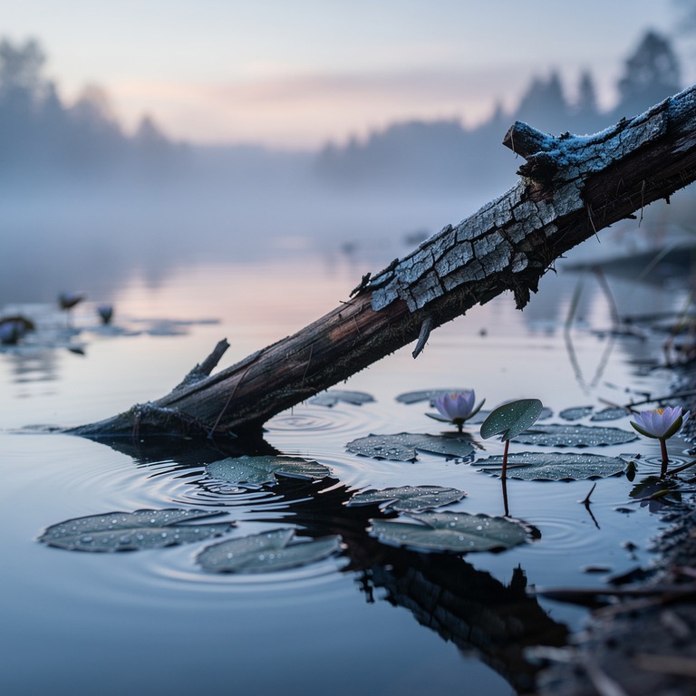 A serene, misty lake at dawn, with a few water lilies and a ... | ShopAyahuascaRetreats