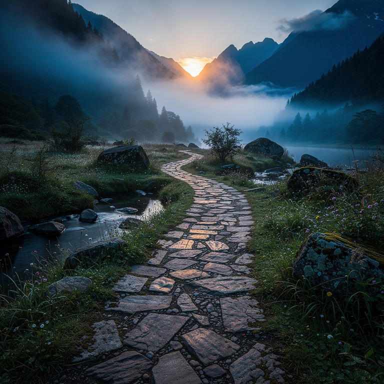 A serene, misty mountain valley at dawn, with a winding ston... | ShopAyahuascaRetreats