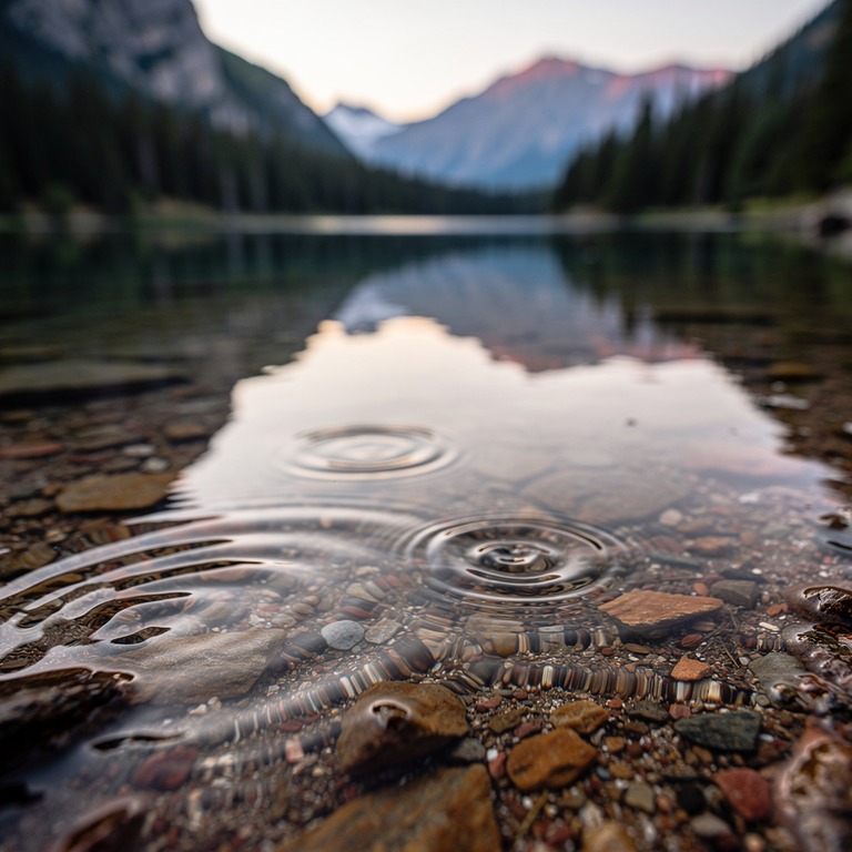 A serene mountain lake at dawn, with a few ripples disturbin... | ShopAyahuascaRetreats