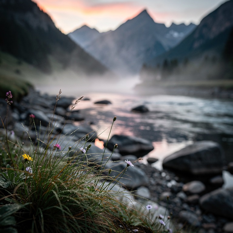 A serene mountain valley at dawn, with misty fog rolling in ... | ShopAyahuascaRetreats
