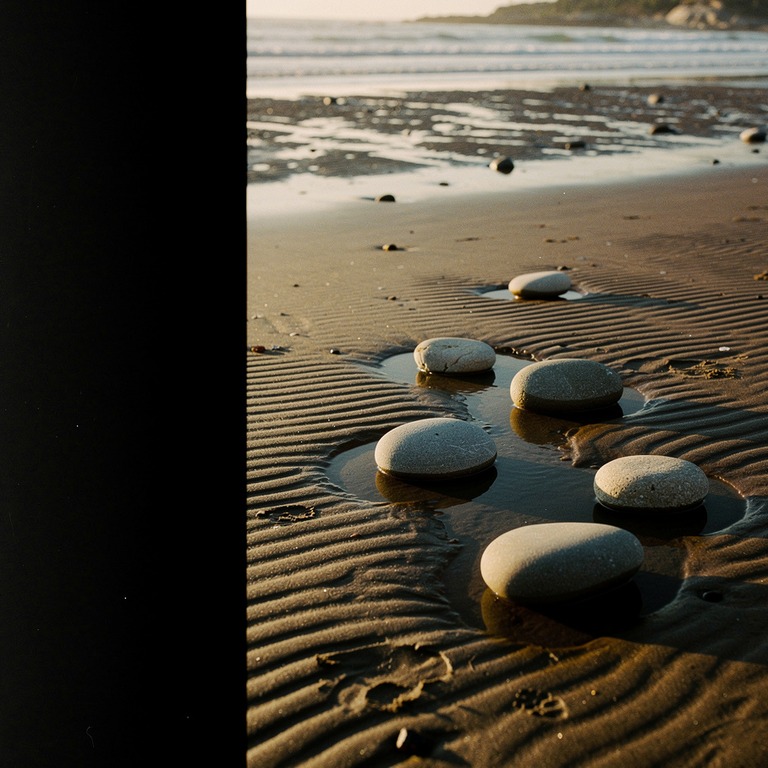 A serene, sandy shoreline at low tide, with a few, strategic... | ShopAyahuascaRetreats