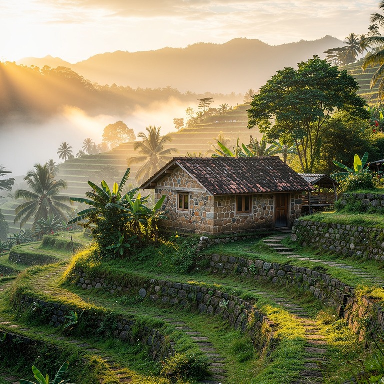 A serene stone cottage nestled among terraced hillsides at s... | ShopAyahuascaRetreats