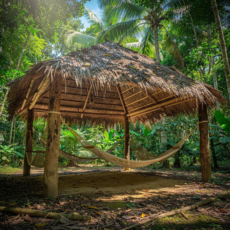 A simple, rustic wooden maloca in a clearing, with a thatche... | ShopAyahuascaRetreats